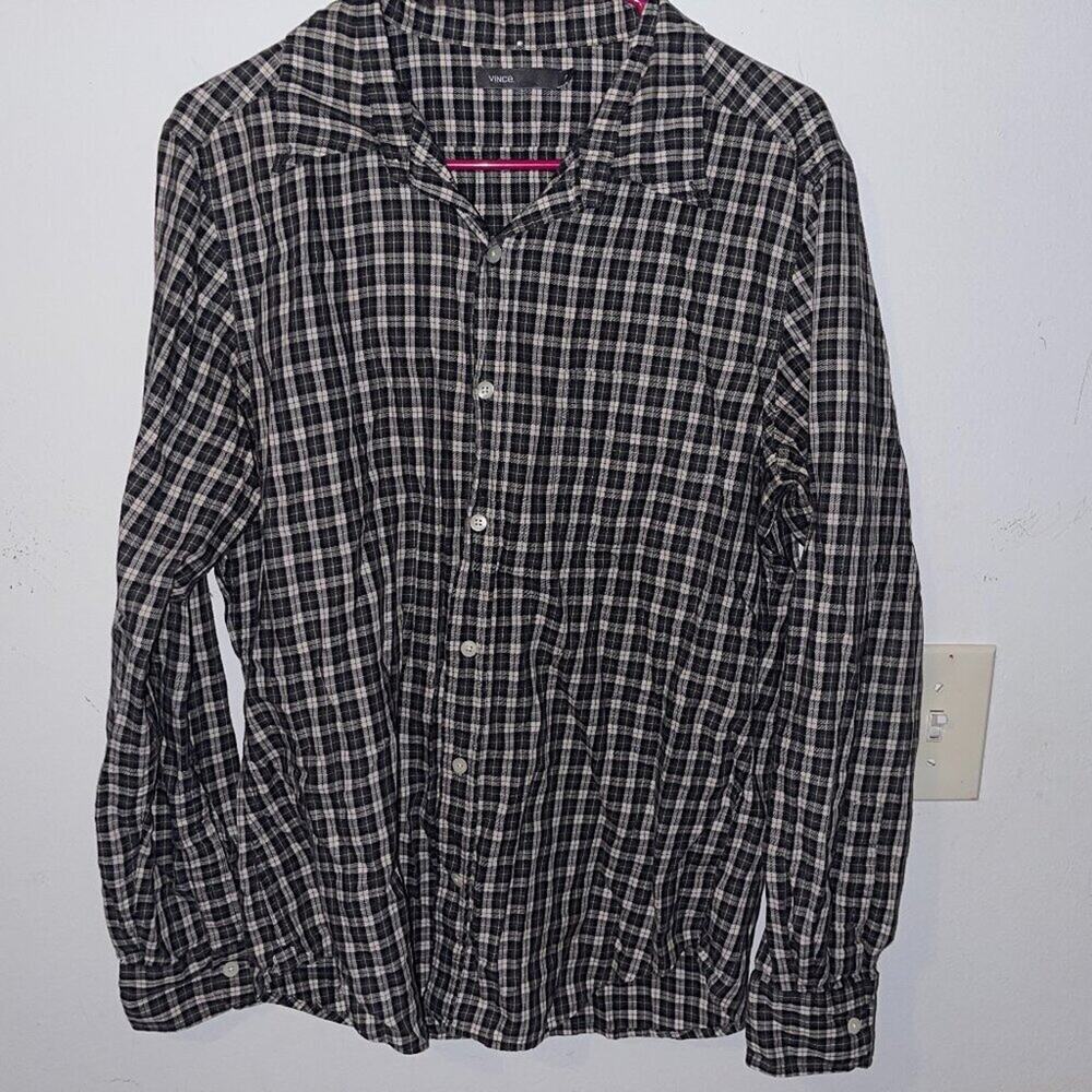 Vince Mens M Black White Check Cotton Shirt Long Sleeve Button Up